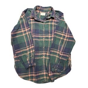 American Eagle Vintage Plaid Flannel Womens M Green Navy Peach 90s Grunge Y2K